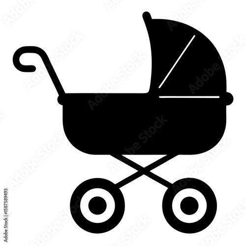 Black silhouette of a baby stroller being pushed isolated on white background