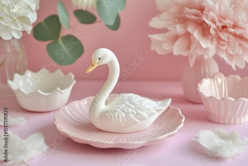 Wallpaper Mural A porcelain swan rests on a pink dish, surrounded by pink flowers and petal accents Torontodigital.ca
