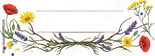 Nature-themed horizontal divider with wildflowers and branches, balanced and stylized, Adobe Illustrator