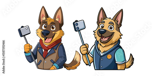Funny German Shepherd Dog Taking Selfies with Phone Stick Vector Illustration, Cute Pet Digital Art, Social Media Dog Character, Modern Technology Vector Design