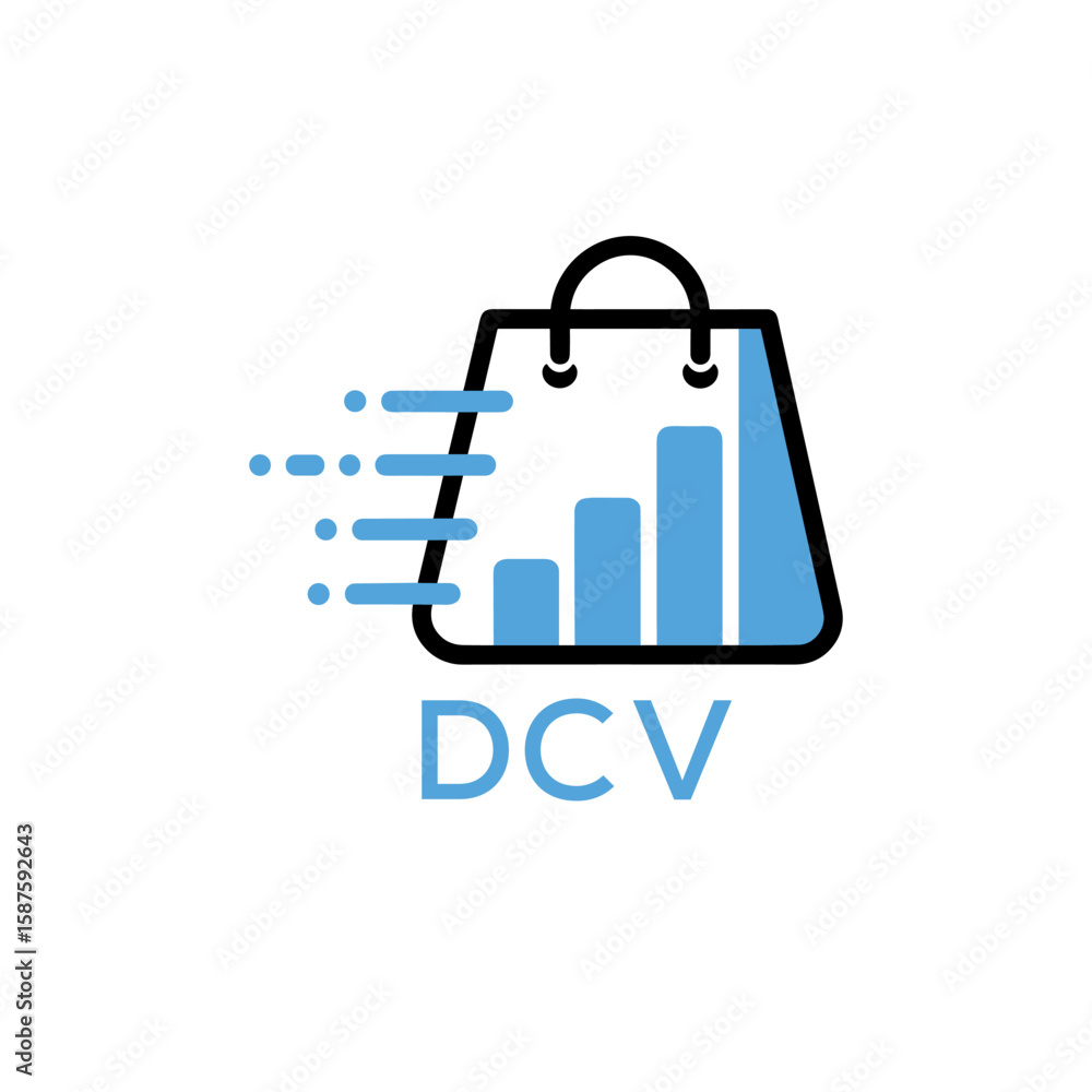 Fototapeta premium Modern Digital Shopping Logo with Growth Bar and DCV Letters – Ecommerce and Analytics Concept. DCV Letter Logo. 