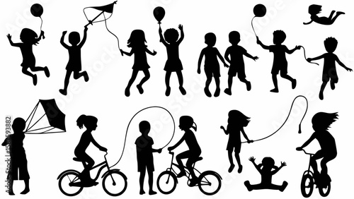 Silhouette illustration of children playing with balloons kites bicycles and jumping ropes in black and white