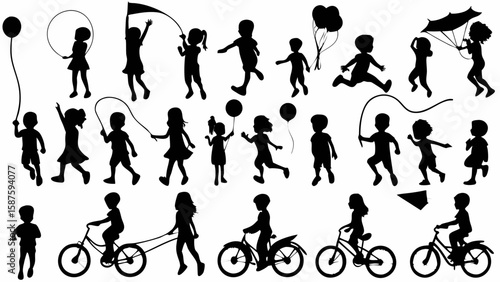 Silhouette illustration depicting children engaged in various activities and recreational pursuits outdoors