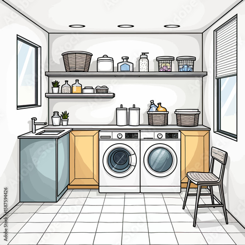 Design Your Functional Laundry Room: Vibrant Illustration of a Well-Equipped Space with Washing Machines, Dryer, Utility Sink, and Organized Shelves, Ideal for Efficient Home Maintenance.
