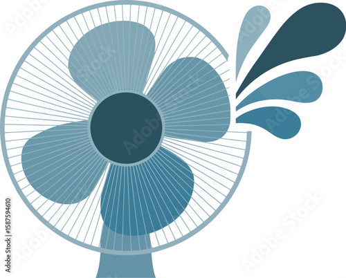 A stylized illustration of a blue fan with water droplets emanating from it on a white background art