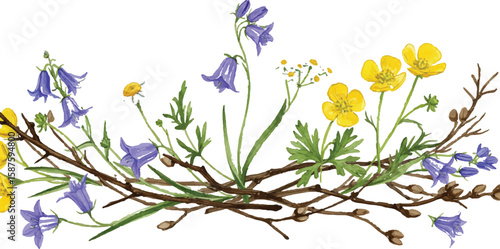 Nature-themed horizontal divider with wildflowers and branches, balanced and stylized, Adobe Illustrator