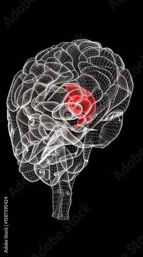 3D wireframe brain model rotates with the hypothalamus highlighted in red, offering an informative medical animation in a seamless loop.