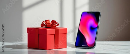 Elegant red gift box next to modern smartphone,  christmas,  digital
