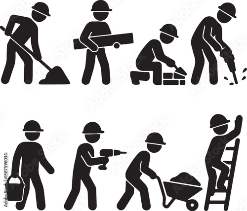 Construction Workers Engaged in Diverse Tasks Black Pictograms Illustrating Various On Site Activities and Labor Efforts