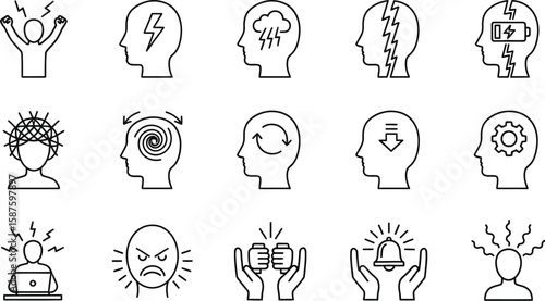 Vector art of a collection of line icons depicting various mental health concepts, including stress, anxiety, and emotional distress