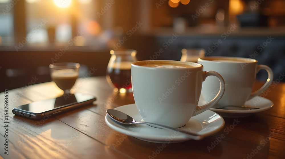 Two steaming coffee cups sit on a wooden table alongside a smartphone, capturing a relaxed and inviting cafe atmosphere Two steaming coffee cups sit on a wooden table alongside a smartphone, capturing a relaxed and inviting cafe atmosphere