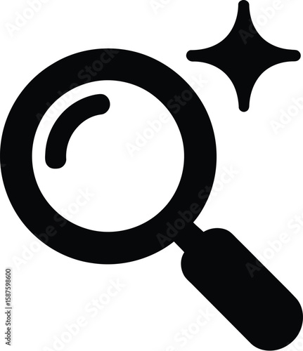 A simple black and white icon of a magnifying glass with a star on a light gray background plain design