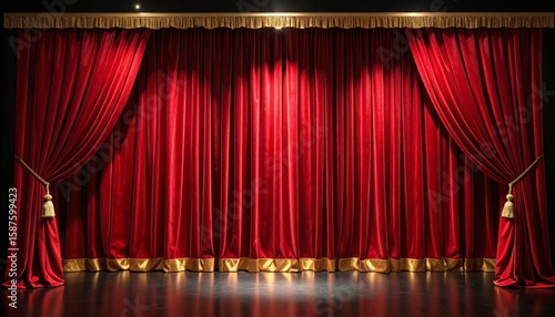 Luxurious red curtains with gold trim, creating a dramatic and opulent ambiance for stage or home decor