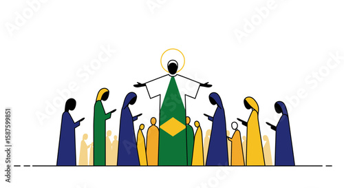 Stylized illustration of people in robes with a figure in front of a brazilian flag design haloed 100 character