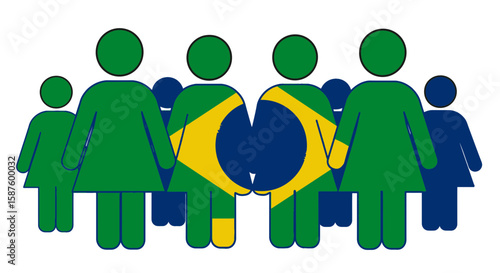 Group of stylized figures in green and blue with brazilian flag pattern standing together closely viewed