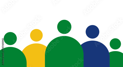 A group of five abstract figures with circular heads and rounded bodies in various colors standing together