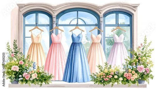 Elegant gowns displayed in a window