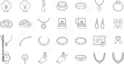 Vector art of a set of elegant jewelry icons on white background, including necklaces, rings, earrings, and bracelets