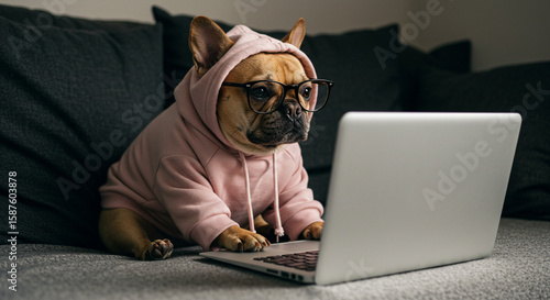 A cute french bulldog is working on a laptop while wearing glasses and a pink hoodie. The dog is sitting on a couch at home, showcasing remote work or online learning. It's a funny and adorable scene.
