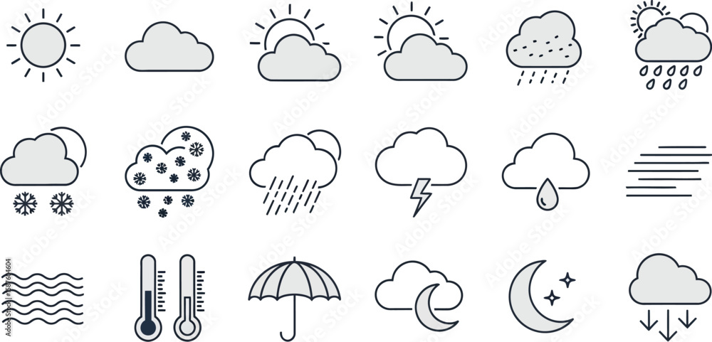 Obraz premium Vector art of a set of outline weather icons isolated on white background represents various atmospheric conditions and meteorological phenomena