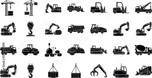 Vector art of a comprehensive set of construction vehicle icons, including cranes, excavators, and trucks, all isolated on white background