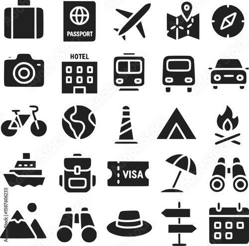 A collection of travel-related icons including transportation, accommodation, navigation, and recreational activities.