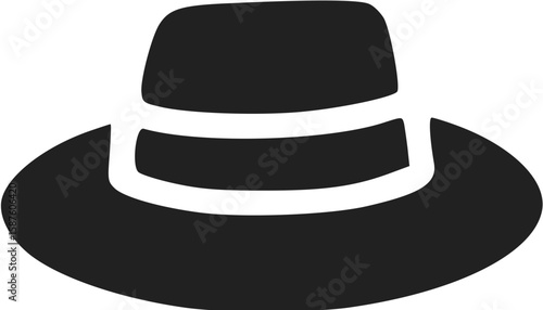 Simple graphic illustration of a black fedora hat with a white band, isolated on a white background.