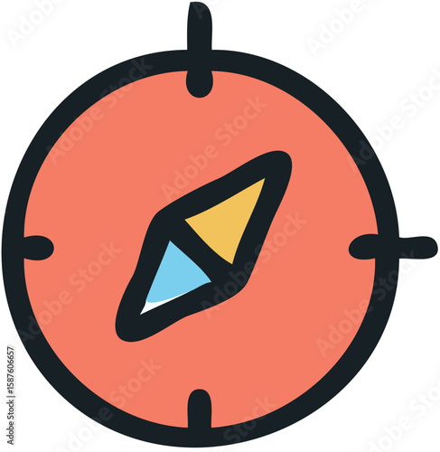 A simple cartoon compass pointing northeast, indicating direction and guidance.