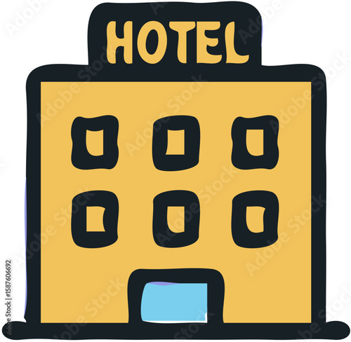 A simple cartoon drawing of a yellow hotel building with windows and a prominent sign.