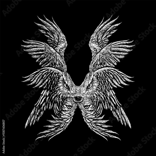 A surreal and intricate illustration of a celestial creature formed by multiple wolf heads and wings, arranged symmetrically to resemble an angelic or mythological being.