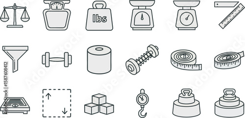 Vector art of a collection of weight and measurement icons isolated on white background represents tools for calculating mass and dimensions