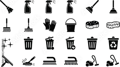 Vector art of a set of cleaning supplies icons isolated on white background represents tools for maintaining a clean and tidy environment
