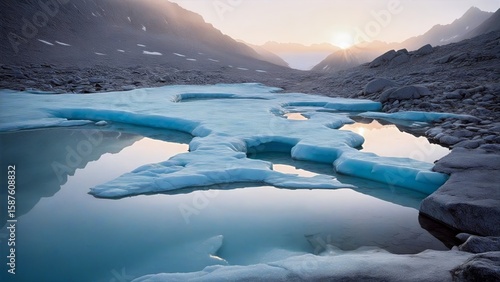 Glacial Ice Floes and Melt Pool at Dawn