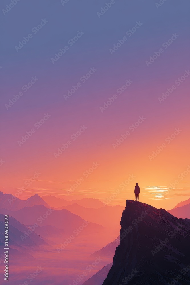 Fototapeta premium A lone figure standing on cliff edge, contemplating a mountain view