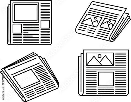 Vector art of a collection of newspaper icons in a minimalist line art style, isolated on white background