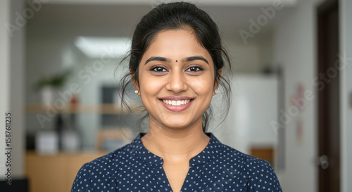 Wallpaper Mural Smiling Indian businesswoman portrait, professional headshot, modern office background Torontodigital.ca
