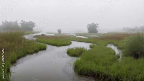 Misty River Meadow Winding Through Fog‑Shrouded Trees