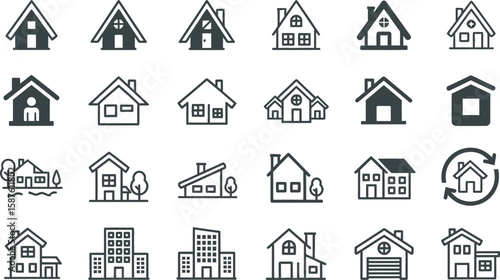 Vector art of a variety of house icons representing different architectural styles and real estate options, isolated on white background