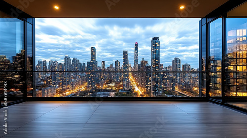 Fototapeta Naklejka Na Ścianę i Meble -  Stunning evening skyline view showcases illuminated city rooftops and vibrant lights
