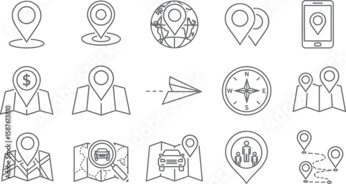 Vector art of a set of location and navigation icons representing maps, pins, and travel destinations isolated on white background