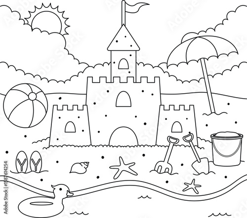 A simple black and white vector-style outline of a summer beach scene, featuring a sandcastle, ball, bucket, Shovel, and umbrella on the beach, suitable for a kids' coloring book page.