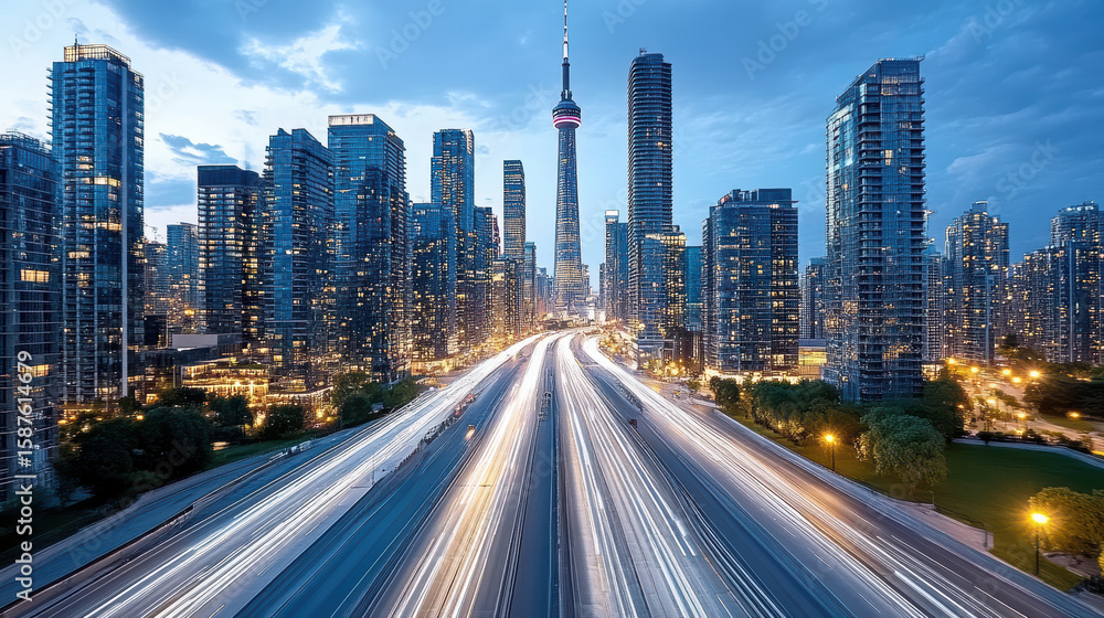 Fototapeta premium City skyline illuminated buildings highway night scene urban landscape modern architecture