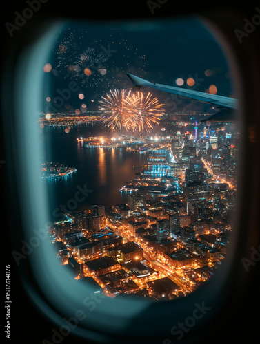 Vibrant Urban Skyline at Night with Fireworks and Airplane Wing View – Aerial Celebration Shot