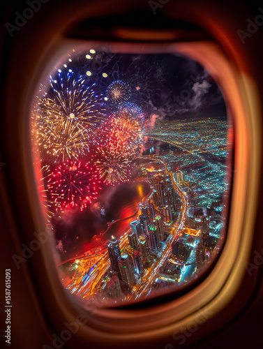Stunning Aerial Night View of Fireworks Over Cityscape Seen from Airplane Window