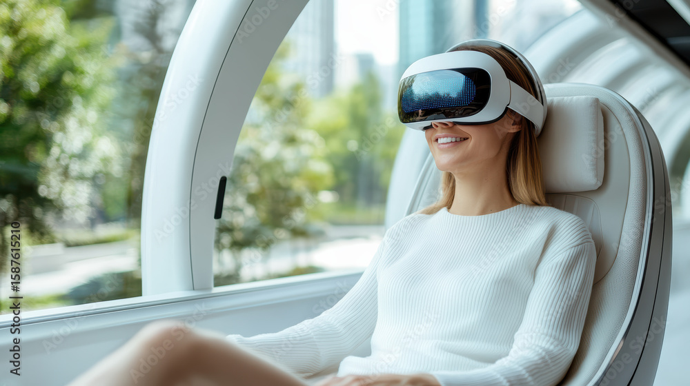 Naklejka premium Passenger wearing virtual reality glasses enjoys futuristic travel experience while relaxing