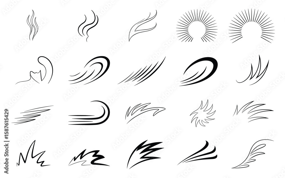 Fototapeta premium Abstract Flow and Energy Icon Set – Silhouettes of Waves, Flames, and Dynamic Line Patterns
