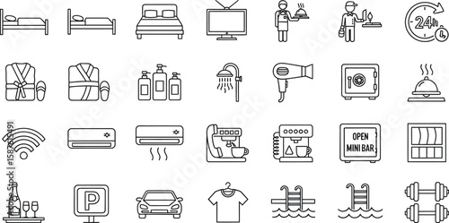 Vector art of a set of line icons depicting hotel room amenities and services, including bed, tv, minibar, and other related items, isolated on white background