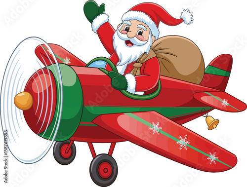 Santa claus flying in a red and green airplane with a sack full of gifts waving his hand happily