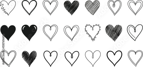 Vector art of a diverse collection of handdrawn heart illustrations, each with a unique design, isolated on white background