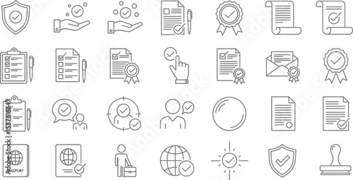 Vector art of this is a set of check mark and validation line art icons isolated on white background, including a document with a check mark and a passport
